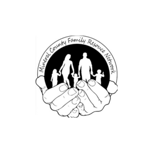 Logo for Mineral County Family Resource Network. It features the silhouettes of two adults and three children holding hands, enclosed within a dark circle. Surrounding them are two large, open hands cradling the family. The organization's name wraps around the circle's upper edge.