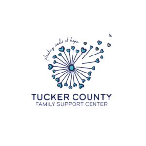 Logo for Tucker County Family Support Center. A stylized dandelion made of blue heart shapes forms the shape of West Virginia. Several hearts appear to float away like seeds. The text reads "planting seeds of hope" in script above the design, and "Tucker County Family Support Center" below in bold, uppercase letters.